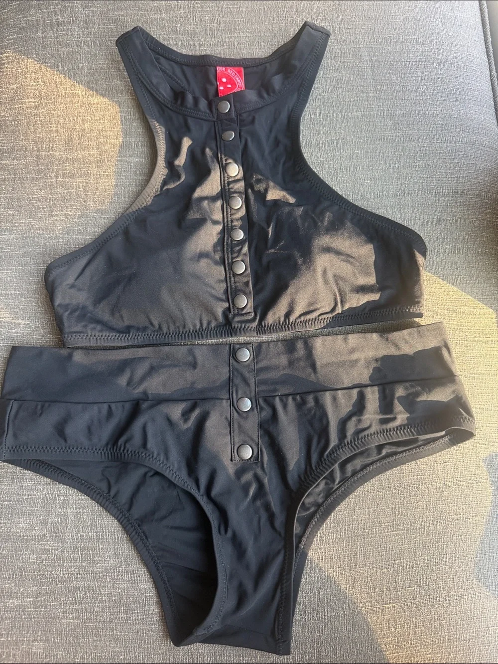 Women’s Red Carter Black High-Neck Snap-Front Bikini Top and Bottom Set size S 6